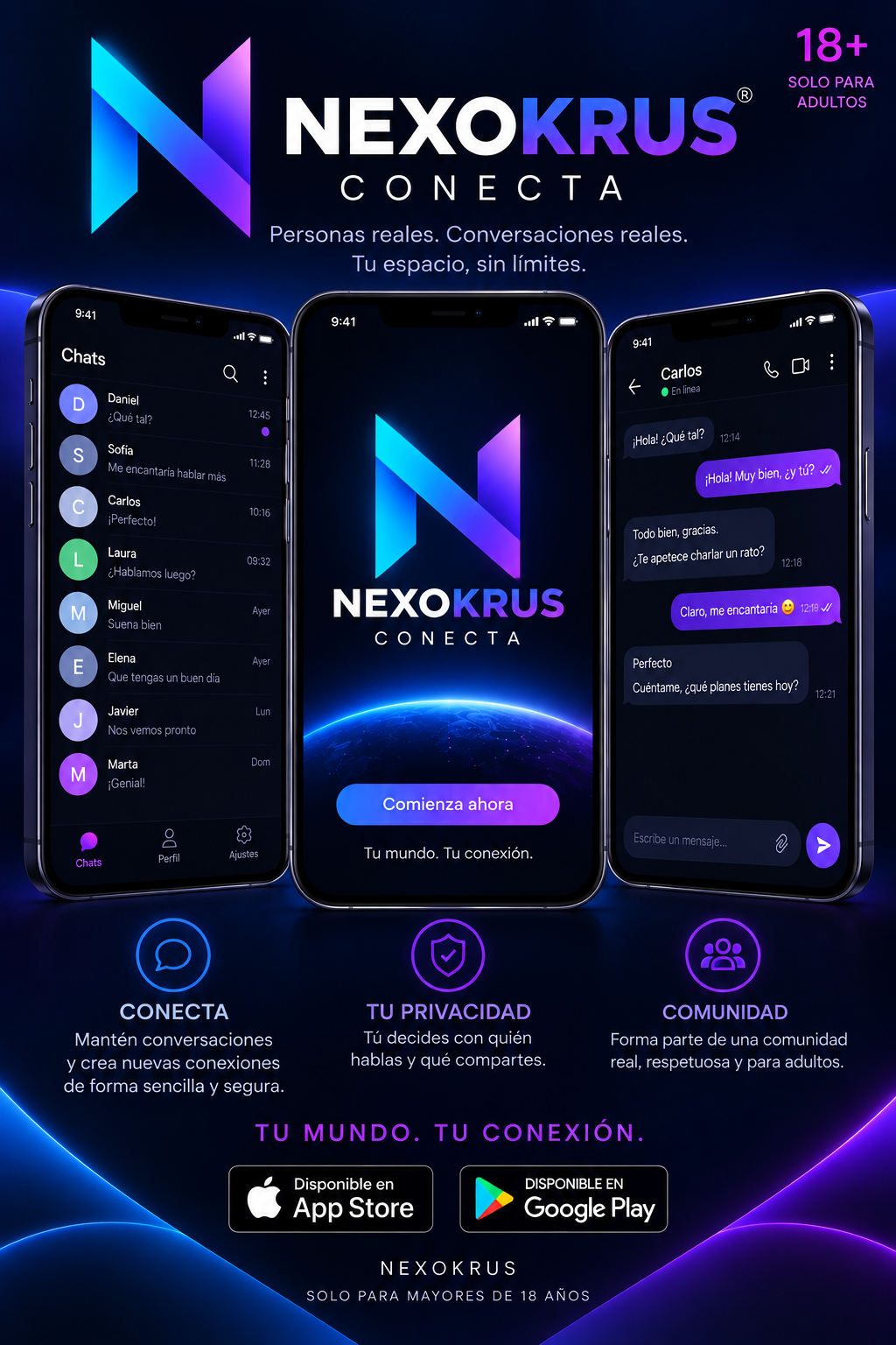 Cartel de NEXOKRUS con tres móviles mostrando conversaciones y la pantalla de inicio